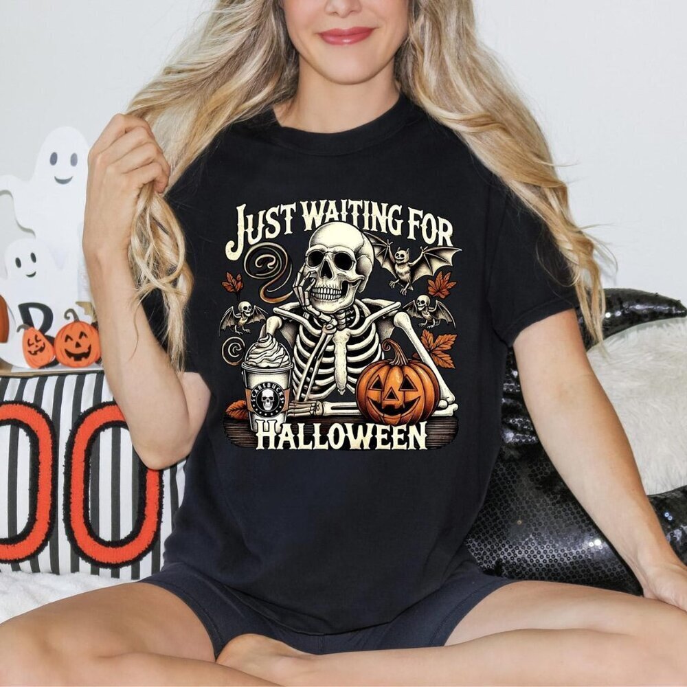 Just Waiting for Halloween Shirt  Funny Skeleton Pumpkin Retro Spooky Fall Tee